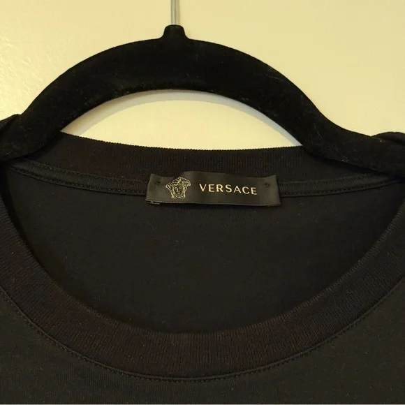 Versace Men’s Multicolor Embroidered Logo Black T-Shirt Size Medium